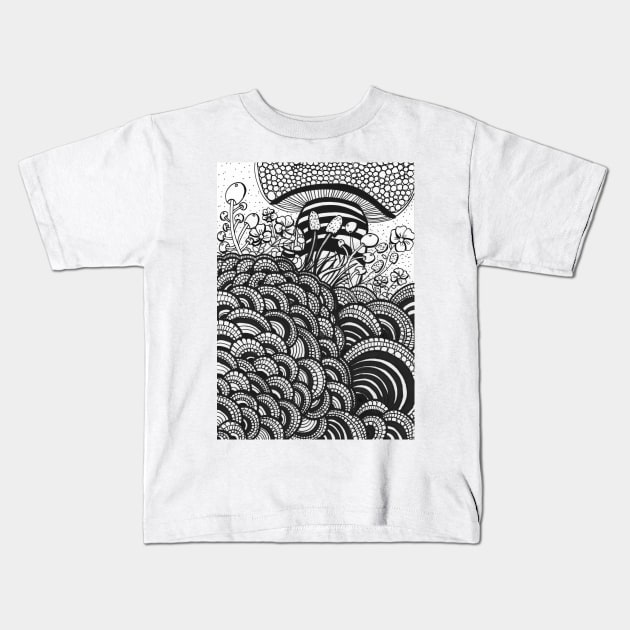 Black and white Mushrooms inspired by zentangle. Kids T-Shirt by Nathalodi